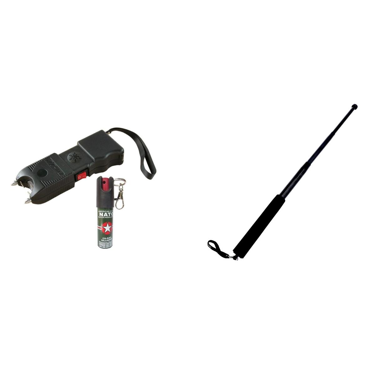 Pachet promo: Set format din Electrosoc TW-10 cu lanterna si alarma + spray pentru autoaparare 20 ml nato + Baston telescopic profesional, 4 segmente, 65 cm, maner burete, full negru