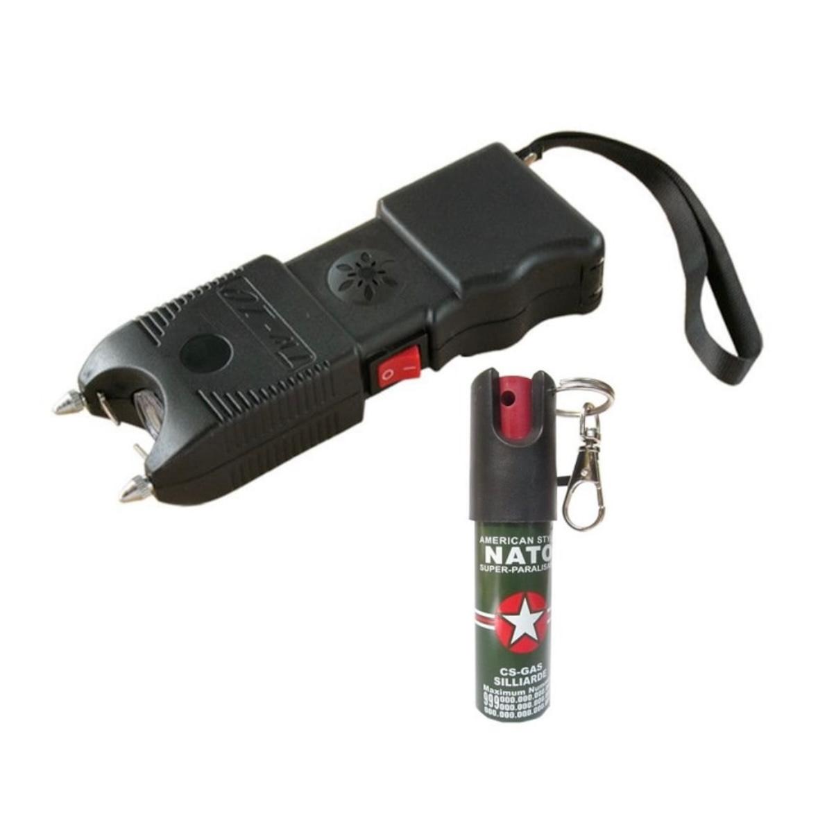 Pachet promo: Set format din Electrosoc TW-10 cu lanterna si alarma + spray pentru autoaparare 20 ml nato + Baston telescopic profesional, 4 segmente, 65 cm, maner burete, full negru