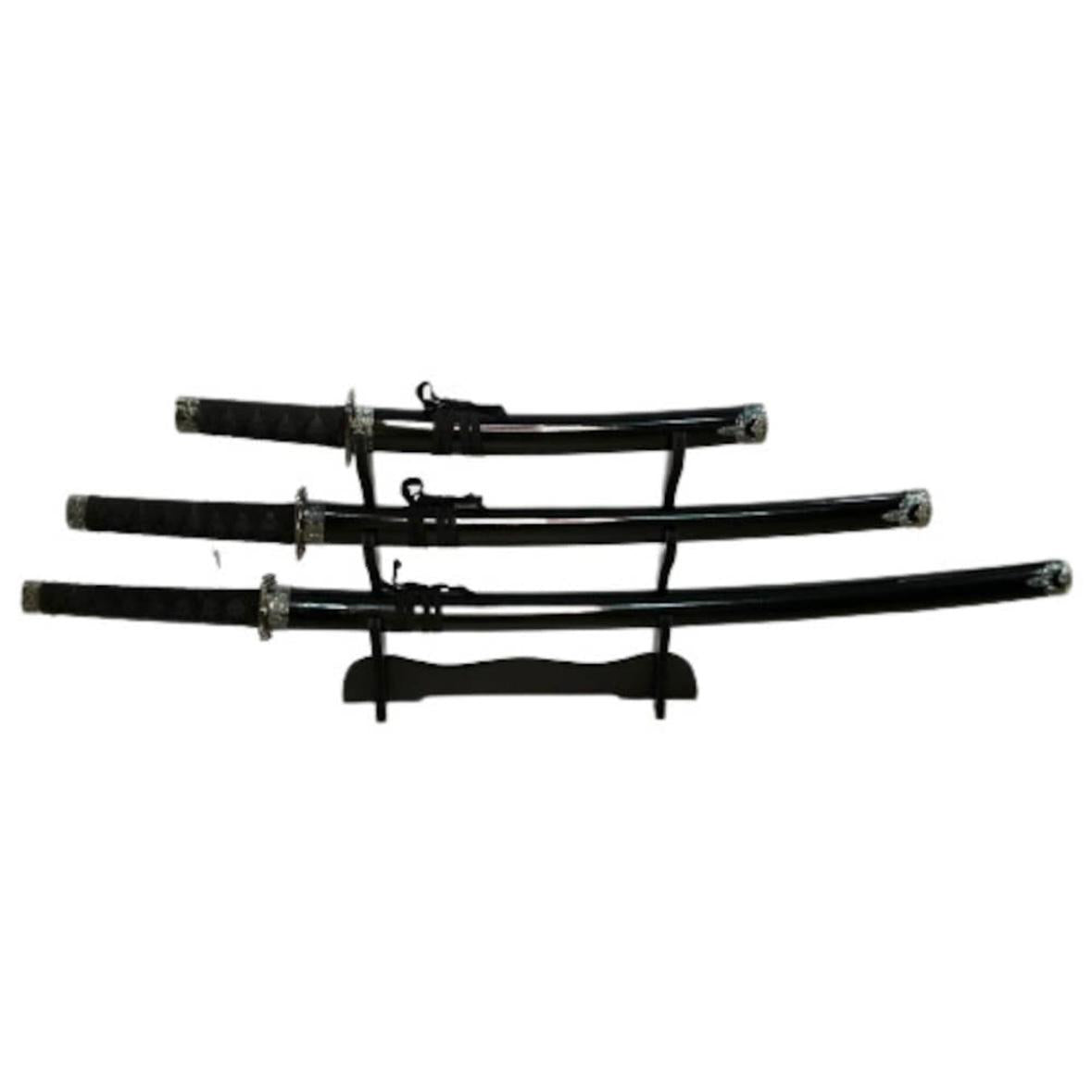 Set 3 sabii cu teaca de lemn Black Oponent, 3 dimensiuni si suport din lemn, ornament