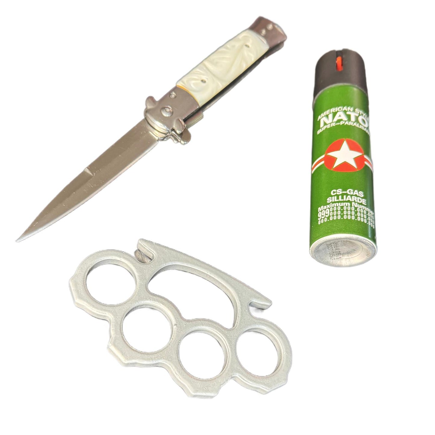 Set format din Briceag stiletto Elegante, 22.5 cm, otel, un box, spray paralizant 60 ml