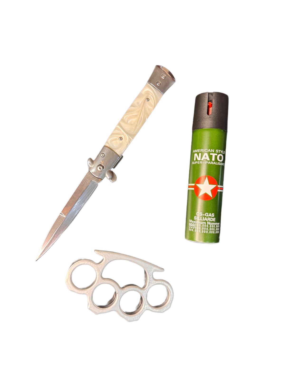 Set format din Briceag stiletto Elegante, 22.5 cm, otel, un box, spray paralizant 60 ml