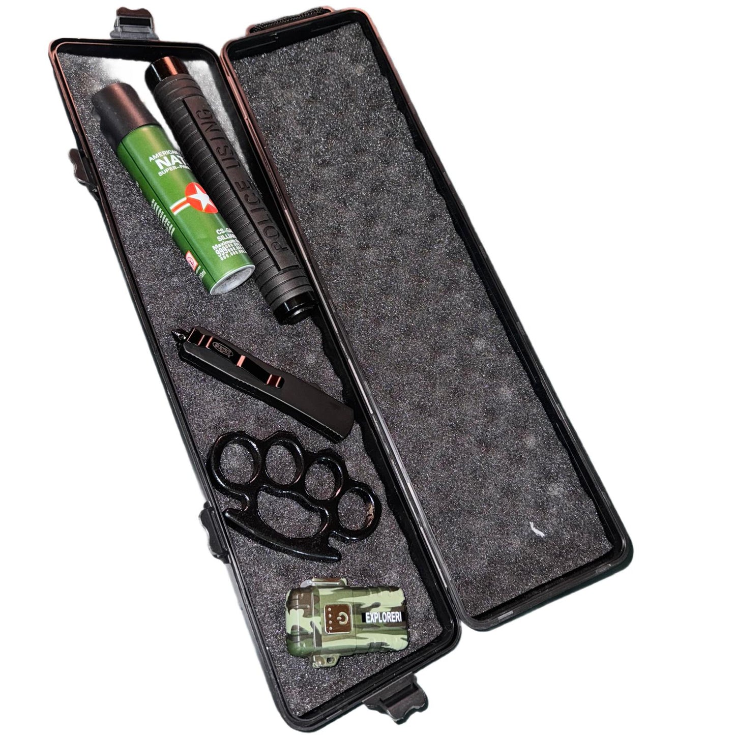 Kit autoaparare Army format din, baston 3 segmente, spray paralizant 110 ml, pumnal tip box 1 cm, cutit automat si bricheta cu arc