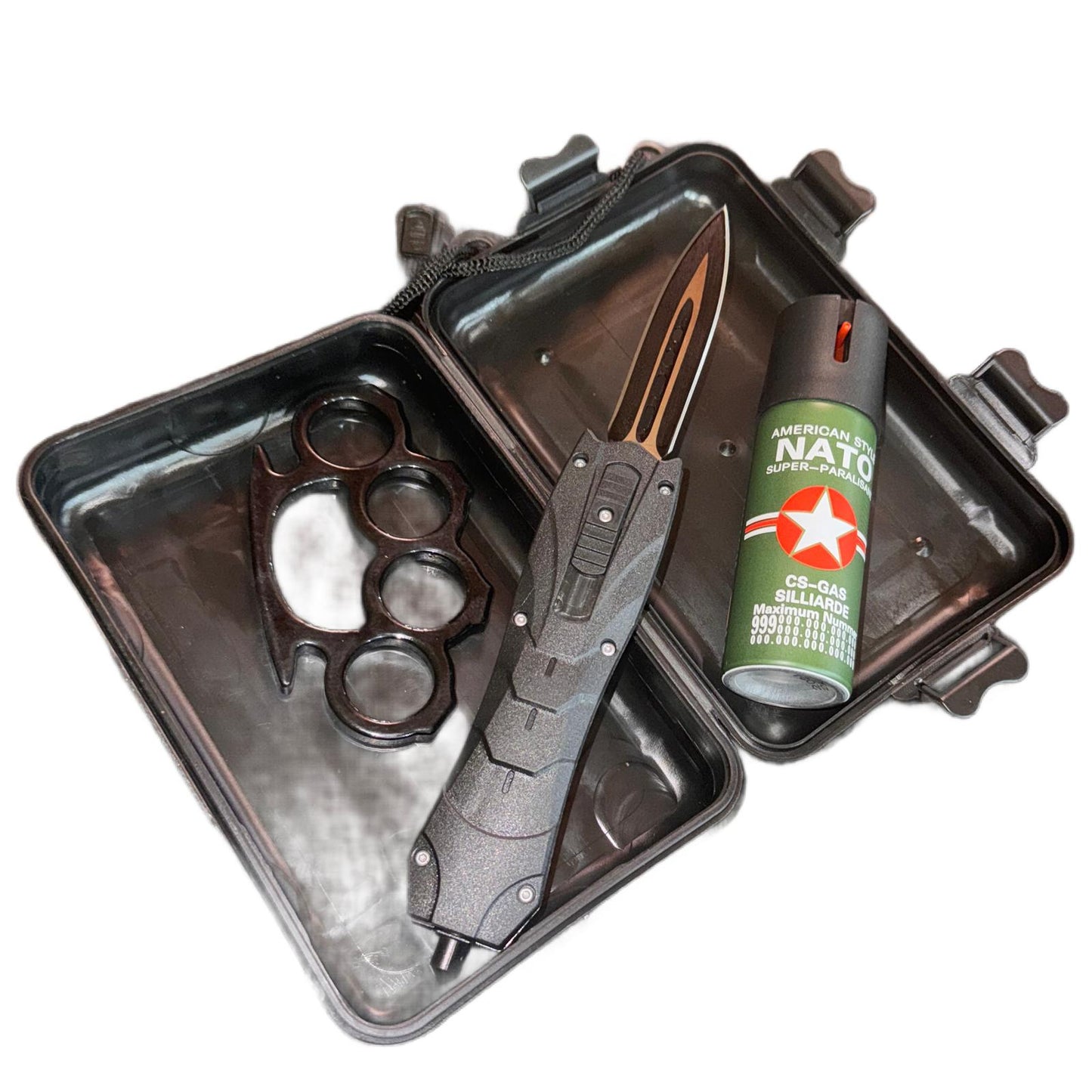 Set Black Spy format din Briceag Automat, Spray Autoaparare 60 ml si Pumnal tip Box