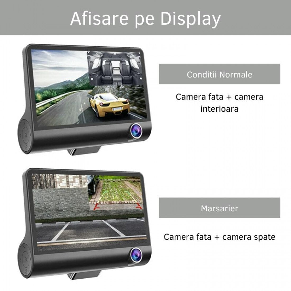 Camera Tripla Auto L300-1, Full HD 1080p, asistenta parcare, ecran 4'', G Senzor, 3 Camere – Fata, Spate, Interior