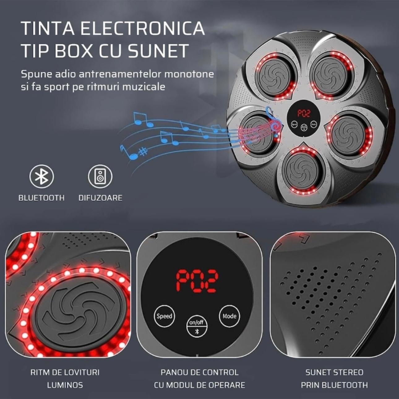 Tinta lovituri Box cu Difuzor incorporat, Conexiune Bluetooth, Montabil pe perete, Iluminare LED pentru zona de lovire, Pentru Copii si Adulti