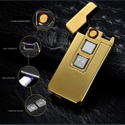 Spring lighter, rechargeable via usb, anti-wind, gold, 7 cm