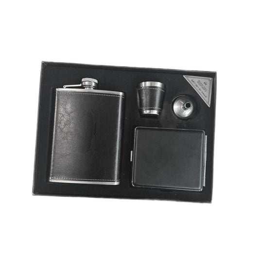 Set cadou Black Leather, 4 piese, plosca, tabachera, pahar tip shot si palnie