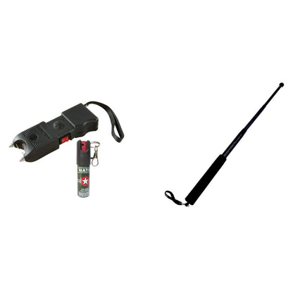 Pachet promo: Set format din Electrosoc TW-10 cu lanterna si alarma + spray pentru autoaparare 20 ml nato + Baston telescopic profesional, 4 segmente, 65 cm, maner burete, full negru