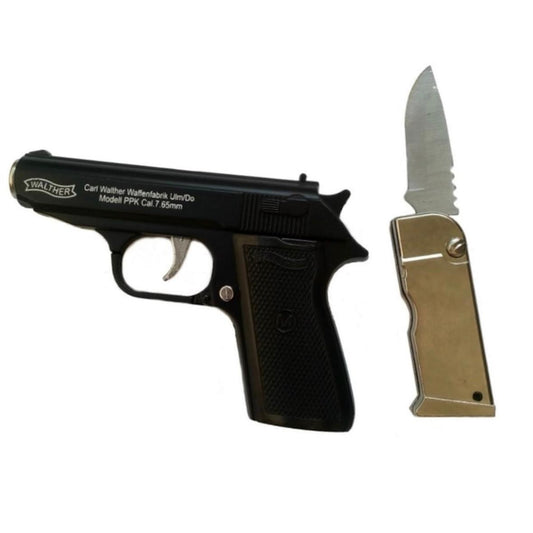 Bricheta antivant tip pistol Walther, briceag incorporat, negru