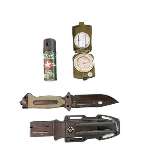 Set Survivor format din Cutit, Busola Profesionala si Spray Paralizant