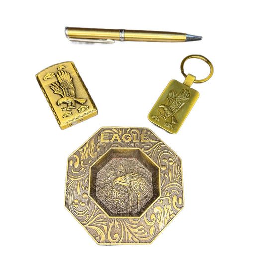 Set Eagle format din scrumiera, bricheta, breloc si pix, gold