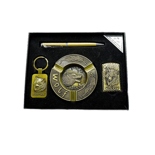 Setul Wolf format din breloc, scrumiera, bricheta si pix, gold