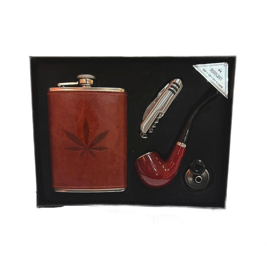 Set cadou pentru barbati Luxuria, 4 piese, plosca, pipa, palnie si briceag, rosu, Marime 21.5x17