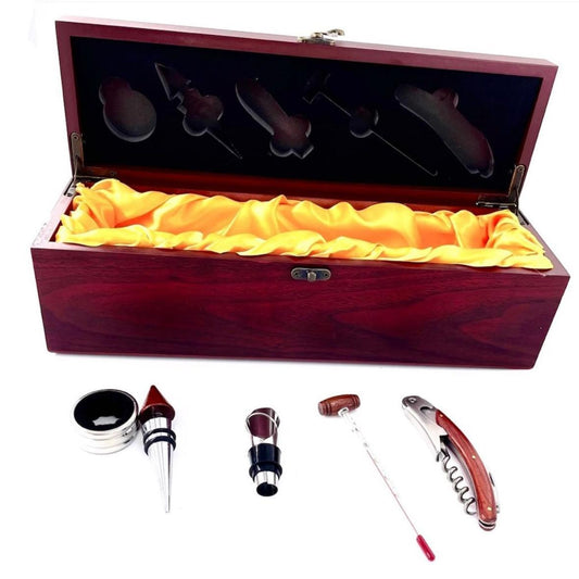 Set cadou pentru vin Wine Box, include 5 ustensile si loc pentru sticla, maro