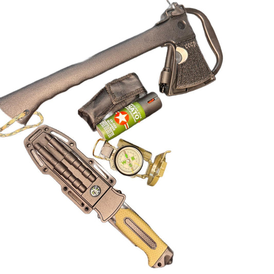 Kit format din Topor, Cutit Multifunctional cu Teaca, Spray Paralizant si Busola