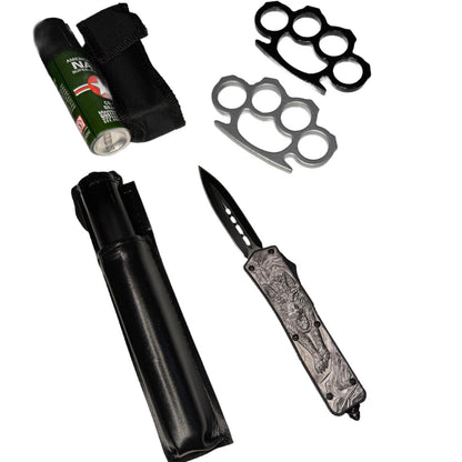 Set format din cutit automat Arctit Wolf, 2 x box, Baston full negru, spray paralizant 60 ml
