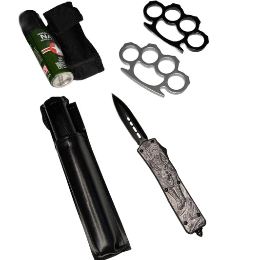 Set format din cutit automat Arctit Wolf, 2 x box, Baston full negru, spray paralizant 60 ml