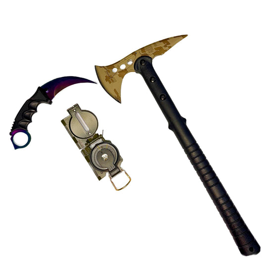 Set camping format din Topor Military, karambit cu tais si busola
