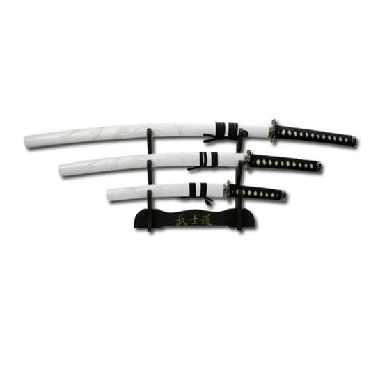 Set 3 sabii cu teaca de lemn White Dragon, 3 dimensiuni si suport din lemn, ornament