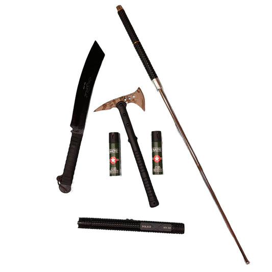 Set Supreme Survivor format din Maceta Rambo V, Topor Army Camo, Electrosoc HY-X8, Baston Telescopic Profesiona si 2x Spray Paralizant