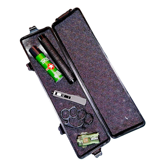 Kit autoaparare Army format din, baston 3 segmente, spray paralizant 110 ml, pumnal tip box 1 cm, cutit automat si bricheta cu arc