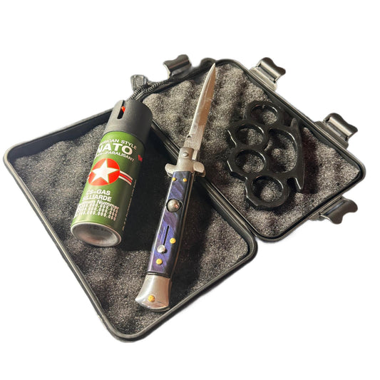 Set Night Fury format din Briceag Stiletto Automat, Spray Autoaparare 60 ml si Pumnal tip Box