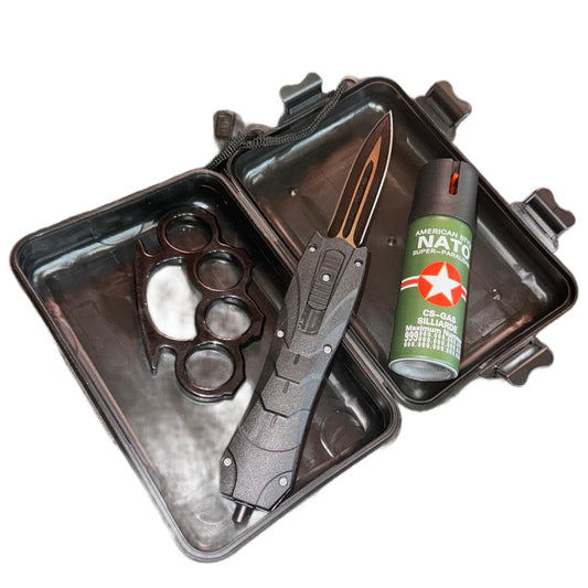 Set Black Spy format din Briceag Automat, Spray Autoaparare 60 ml si Pumnal tip Box