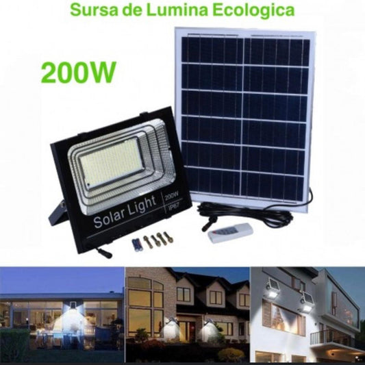 Proiector LED 200W cu panou solar si telecomanda cu functii multiple de reglare a intensitatii luminoase