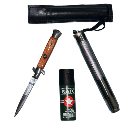 Set format din Briceag Stiletto, Baston Telescopic cu Husa piele si Spray Autoaparare 60 ml