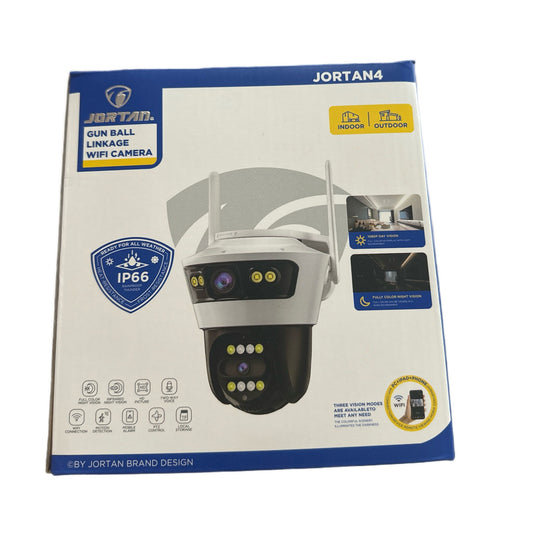 Camera Supraveghere Smart Jortan4, Conexiune Wifi, 2 Lentile, Vizualizare Live In Aplicatie, Interior/Exterior, IP66 Protectie