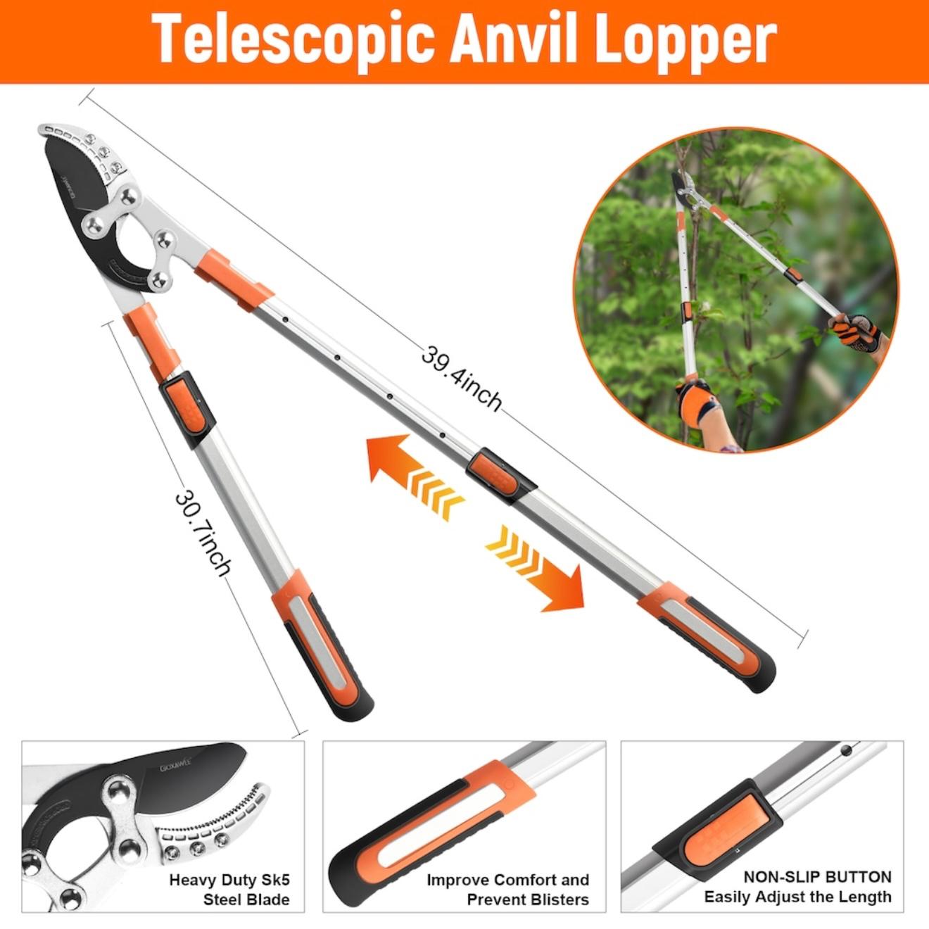 Foarfeca extensibila pentru taiat crengi groase, max 50 mm, 68-104cm, manere cauciuc, aluminiu, portocaliu