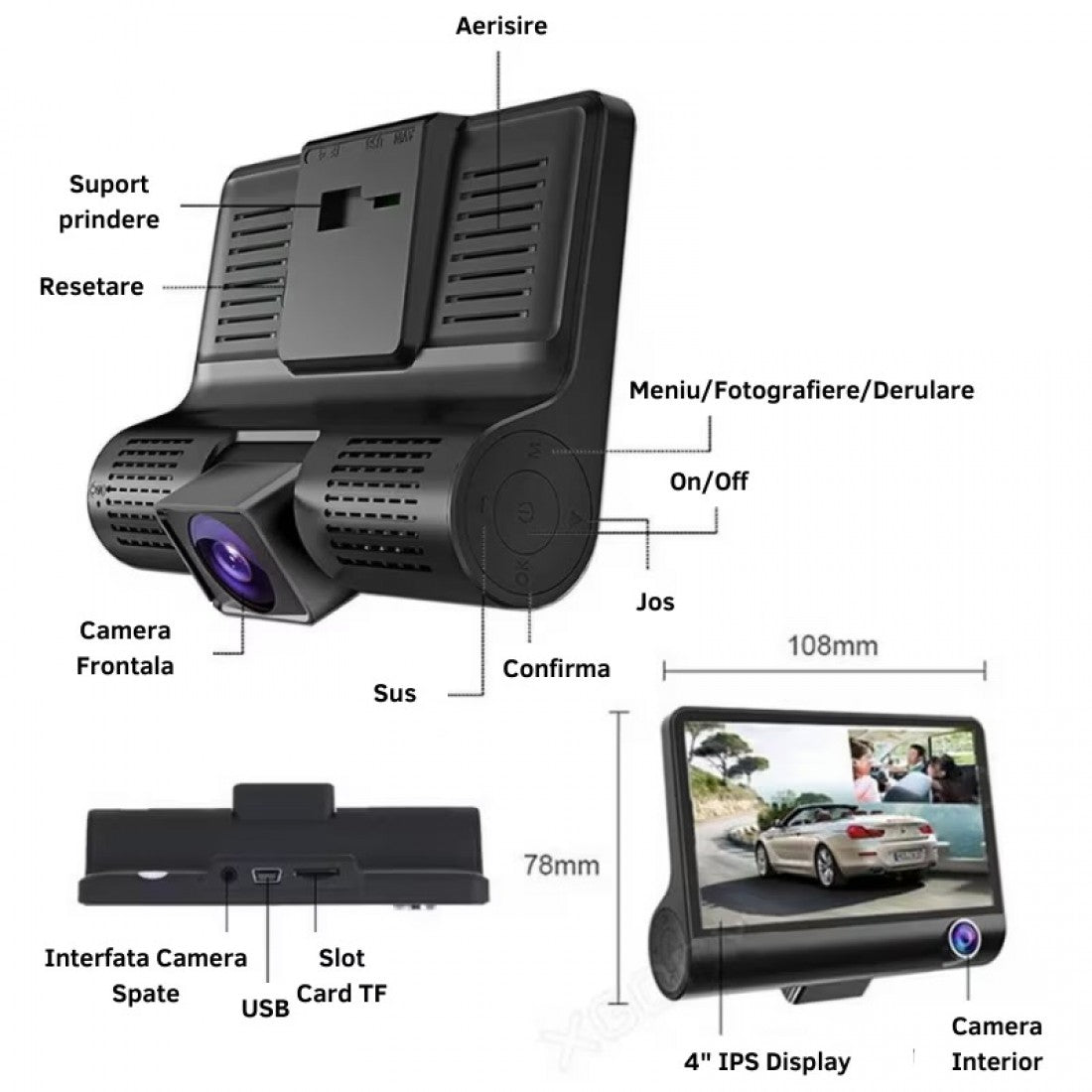Camera Tripla Auto L300-1, Full HD 1080p, asistenta parcare, ecran 4'', G Senzor, 3 Camere – Fata, Spate, Interior