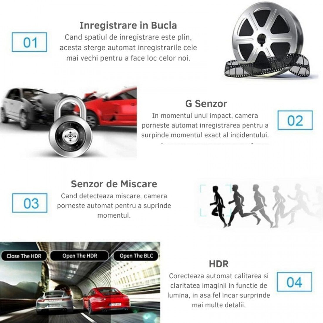 Camera Tripla Auto L300-1, Full HD 1080p, asistenta parcare, ecran 4'', G Senzor, 3 Camere – Fata, Spate, Interior