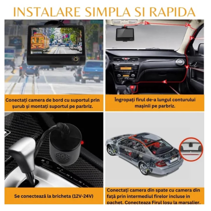 Camera Tripla Auto L300-1, Full HD 1080p, asistenta parcare, ecran 4'', G Senzor, 3 Camere – Fata, Spate, Interior